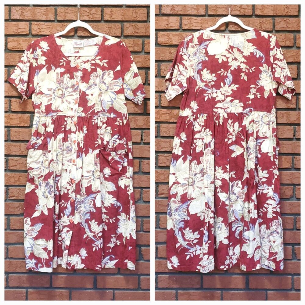 VTG Cotton Muu Muu House Patio Midi Dress Sz L Button Front Floral Cottage READ